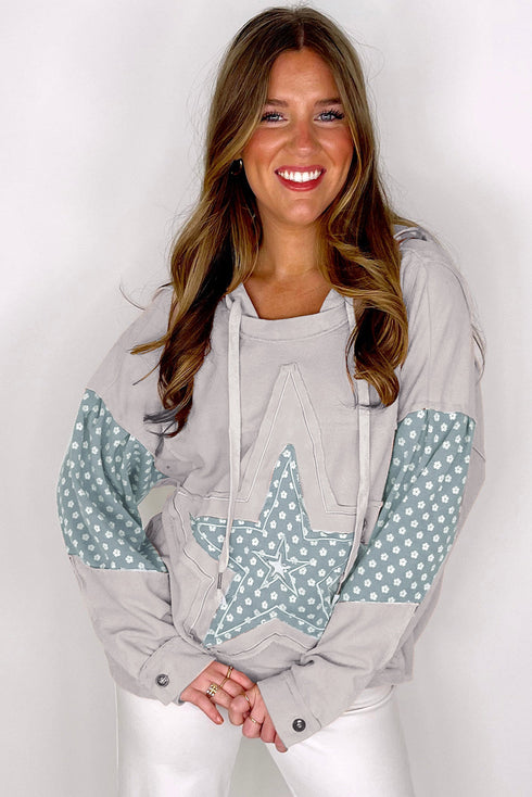 Star Applique Floral Print Sleeve Raw Edge Hoodie