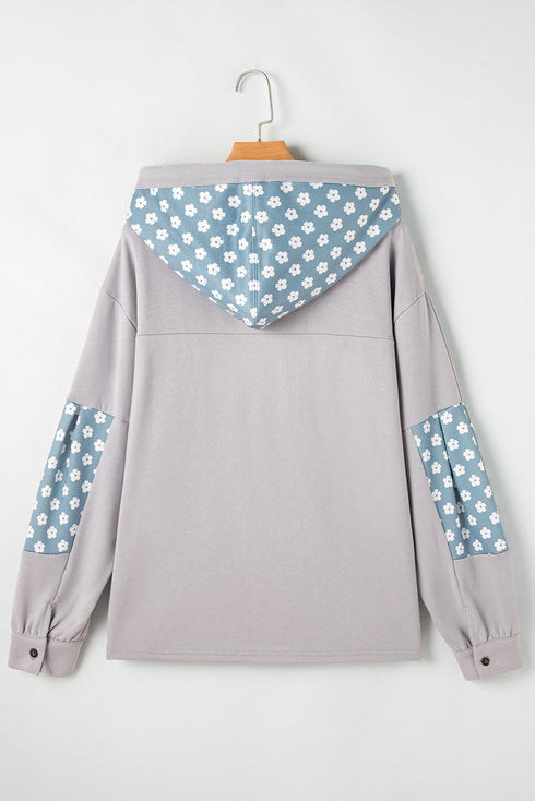Star Applique Floral Print Sleeve Raw Edge Hoodie