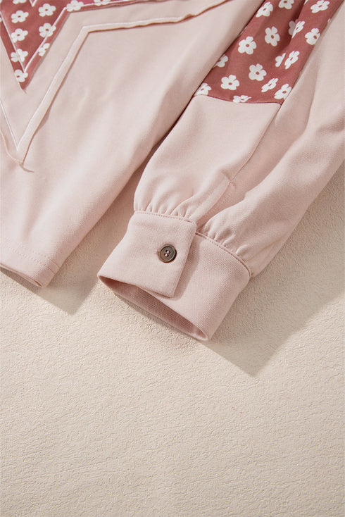 Star Applique Floral Print Sleeve Raw Edge Hoodie