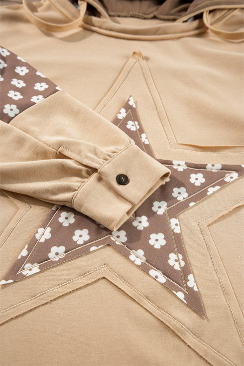 Star Applique Floral Print Sleeve Raw Edge Hoodie