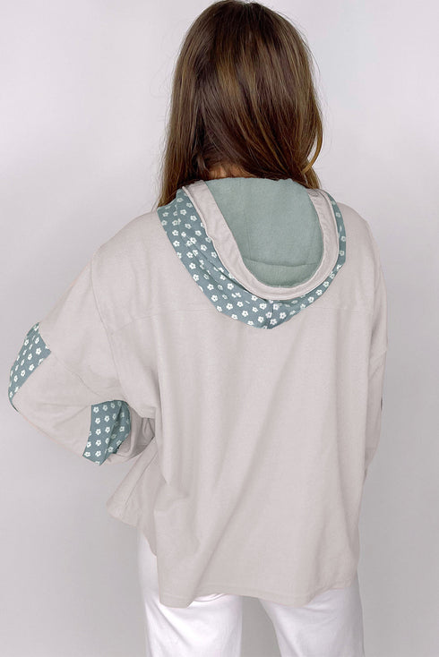 Star Applique Floral Print Sleeve Raw Edge Hoodie