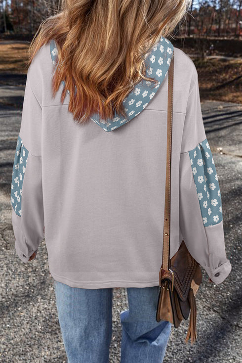 Star Applique Floral Print Sleeve Raw Edge Hoodie
