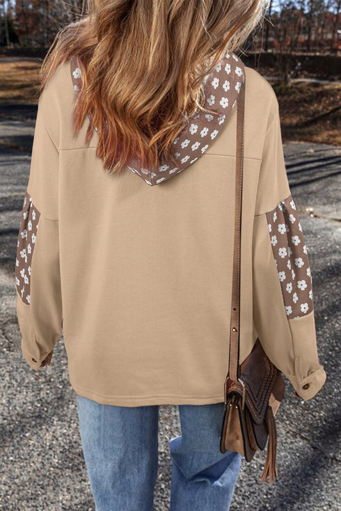 Star Applique Floral Print Sleeve Raw Edge Hoodie