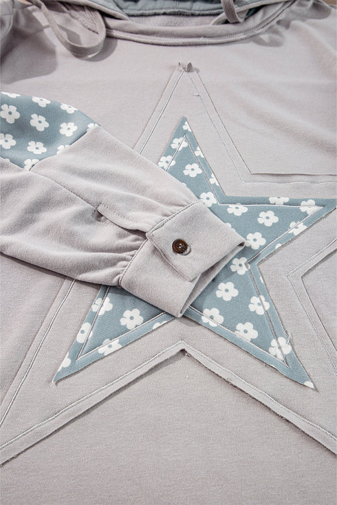 Star Applique Floral Print Sleeve Raw Edge Hoodie
