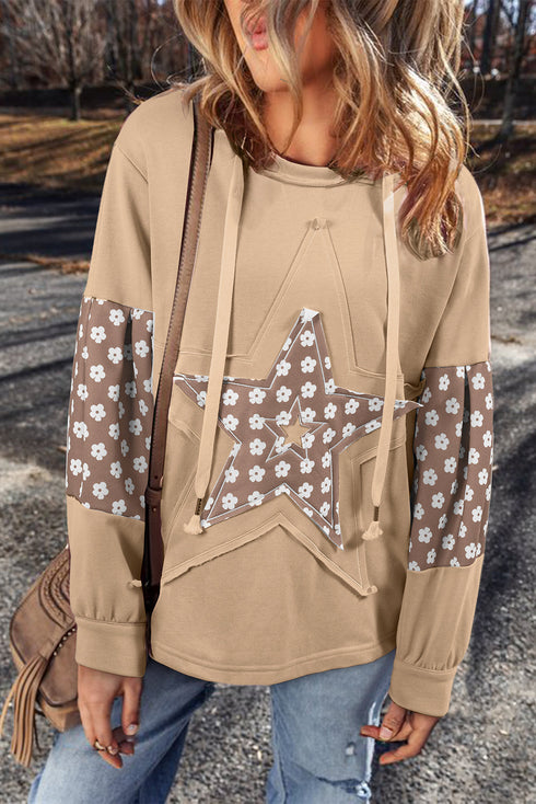 Star Applique Floral Print Sleeve Raw Edge Hoodie
