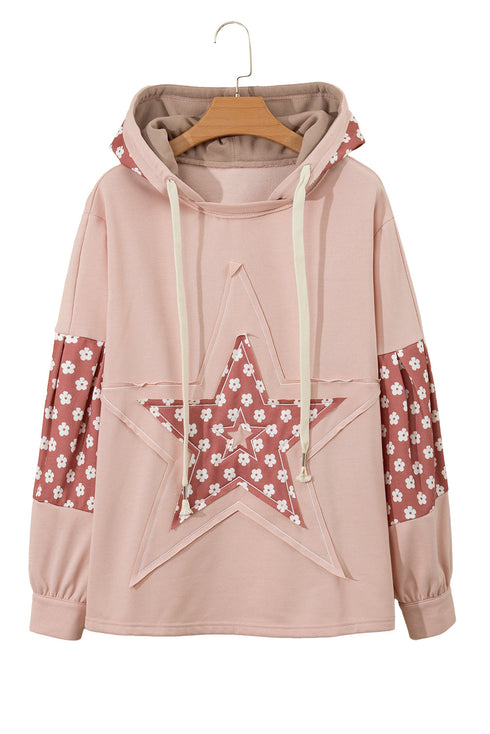 Star Applique Floral Print Sleeve Raw Edge Hoodie