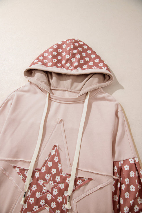 Star Applique Floral Print Sleeve Raw Edge Hoodie