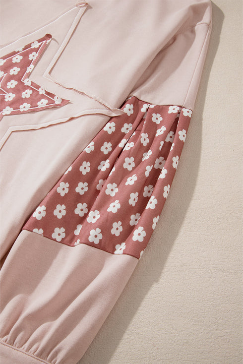 Star Applique Floral Print Sleeve Raw Edge Hoodie