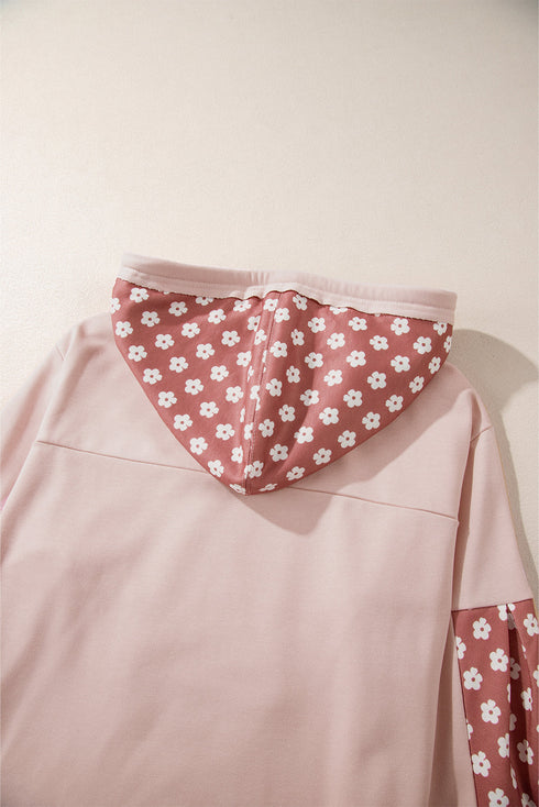 Star Applique Floral Print Sleeve Raw Edge Hoodie