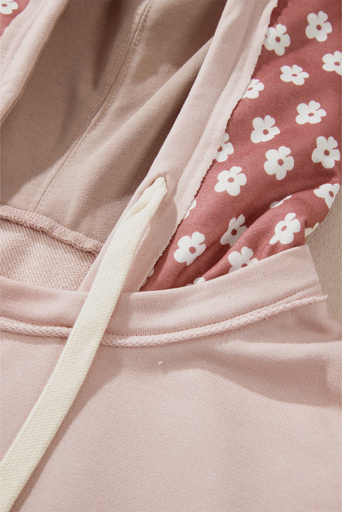 Star Applique Floral Print Sleeve Raw Edge Hoodie