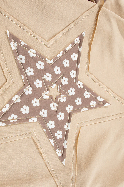 Star Applique Floral Print Sleeve Raw Edge Hoodie