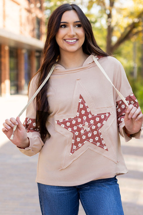 Star Applique Floral Print Sleeve Raw Edge Hoodie