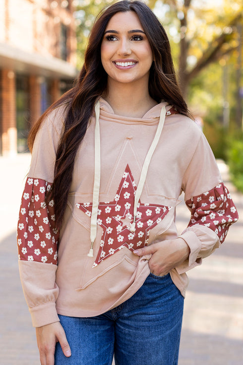 Star Applique Floral Print Sleeve Raw Edge Hoodie