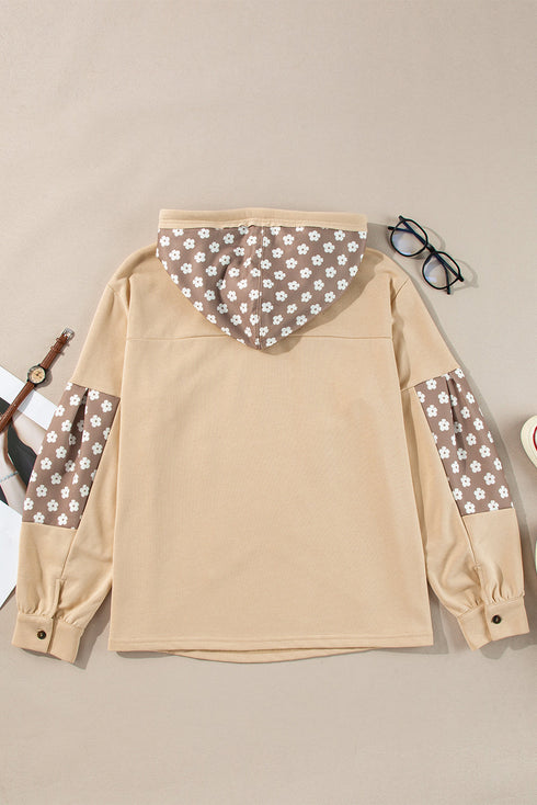 Star Applique Floral Print Sleeve Raw Edge Hoodie