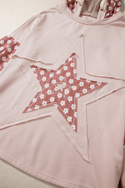 Star Applique Floral Print Sleeve Raw Edge Hoodie