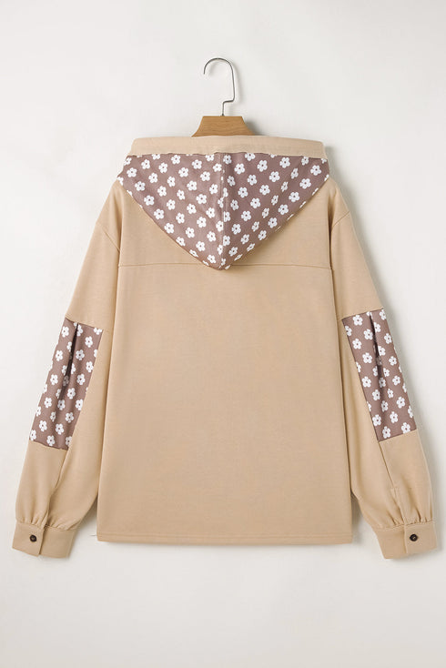 Star Applique Floral Print Sleeve Raw Edge Hoodie