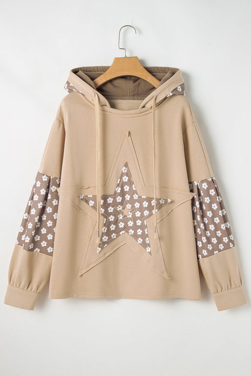 Star Applique Floral Print Sleeve Raw Edge Hoodie