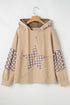 Star Applique Floral Print Sleeve Raw Edge Hoodie