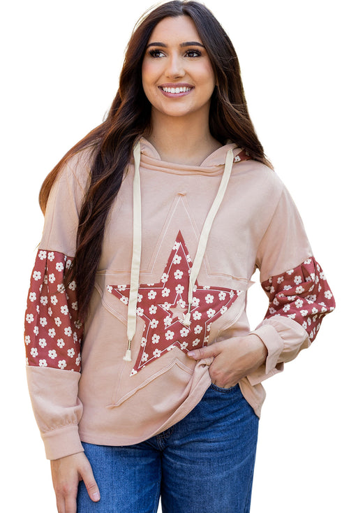 Star Applique Floral Print Sleeve Raw Edge Hoodie
