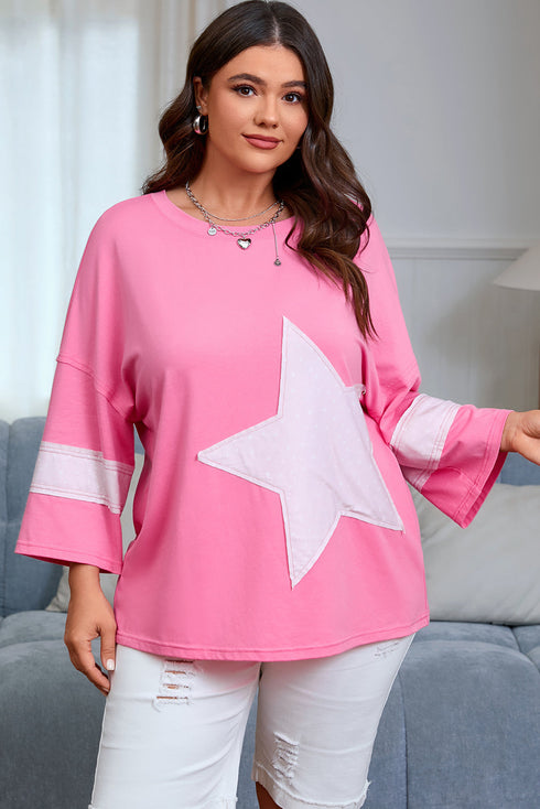 Star Applique Raw Edge Bracelet Sleeve Relaxed Tee