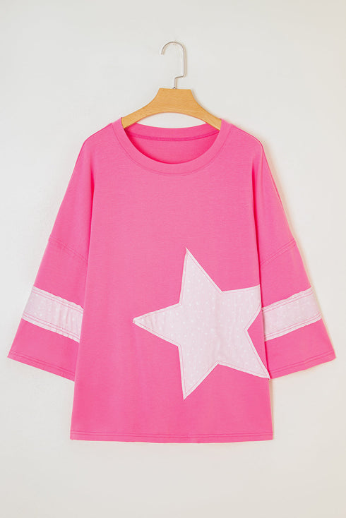 Star Applique Raw Edge Bracelet Sleeve Relaxed Tee
