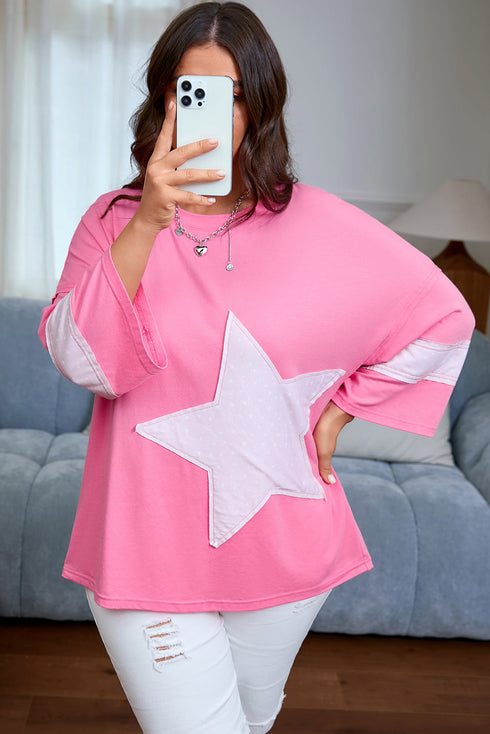 Star Applique Raw Edge Bracelet Sleeve Relaxed Tee