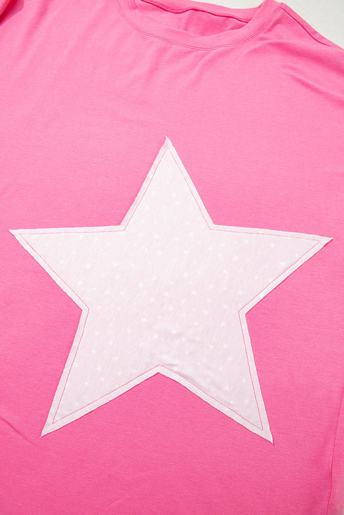 Star Applique Raw Edge Bracelet Sleeve Relaxed Tee