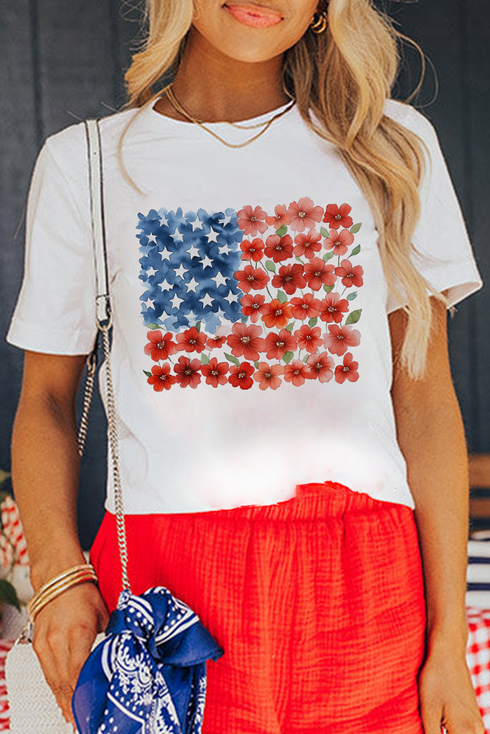 Star Floral Flag Print Short Sleeve Graphic Tee