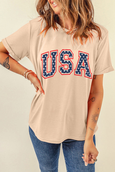 Star Graphic Lettering Print Crew Neck Short Sleeve Tee