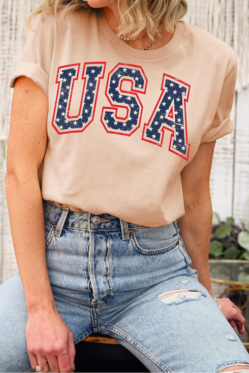 Star Graphic Lettering Print Crew Neck Short Sleeve Tee