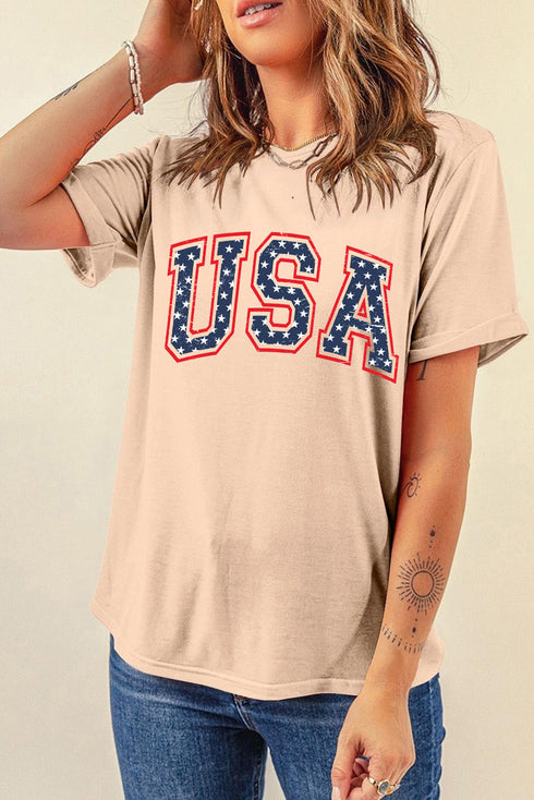Star Graphic Lettering Print Crew Neck Short Sleeve Tee