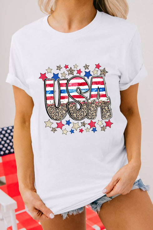 Star Leopard Print USA Graphic Short Sleeve Tee