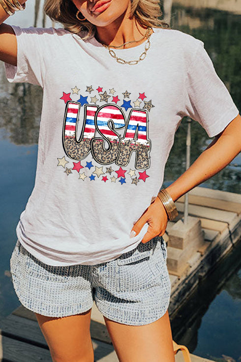Star Leopard Print USA Graphic Short Sleeve Tee