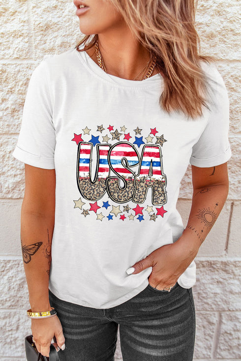 Star Leopard Print USA Graphic Short Sleeve Tee