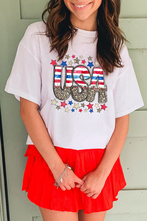 Star Leopard Print USA Graphic Short Sleeve Tee