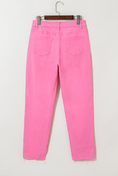 Star Patchwork Distressed Mid Waist Straight Leg Denim Jeans