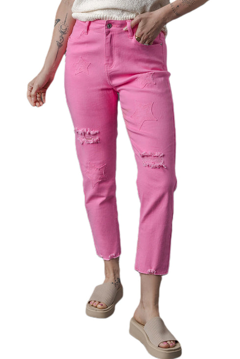 Star Patchwork Distressed Mid Waist Straight Leg Denim Jeans