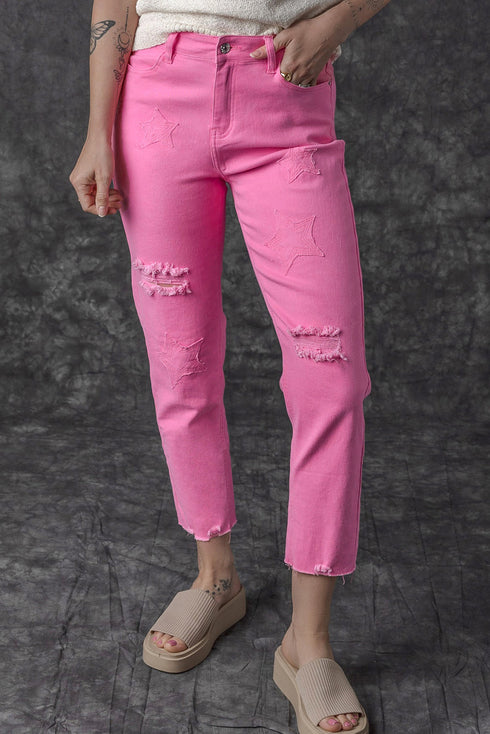 Star Patchwork Distressed Mid Waist Straight Leg Denim Jeans