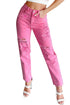 Star Patchwork Distressed Mid Waist Straight Leg Denim Jeans