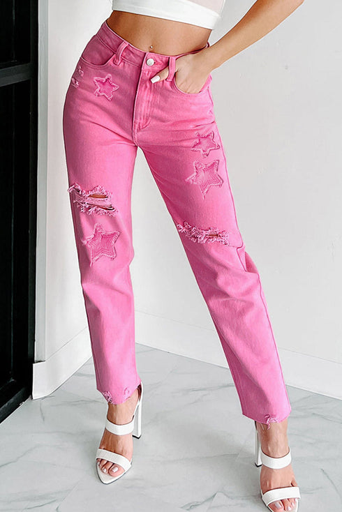 Star Patchwork Distressed Mid Waist Straight Leg Denim Jeans