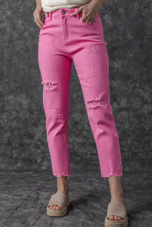 Star Patchwork Distressed Mid Waist Straight Leg Denim Jeans