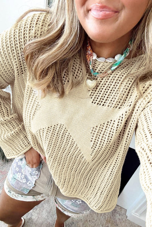 Star Pattern Hollow Out Knit Drop Shoulder Crew Neck Sweater