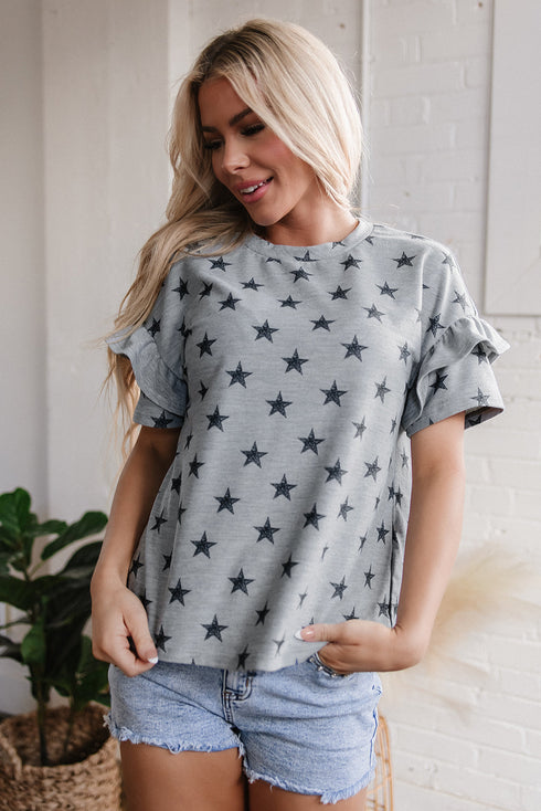 Star Pattern Ruffle Sleeve Soft Knit Lounge Tee