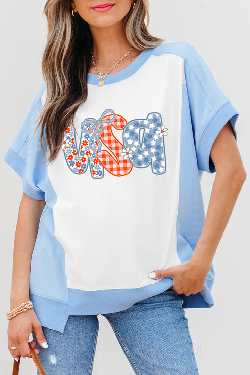 Star Plaid Usa Graphic Print Crewneck T Shirt