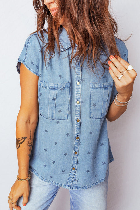 Star Print Double Chest Pocket Short Sleeve Denim Shirt