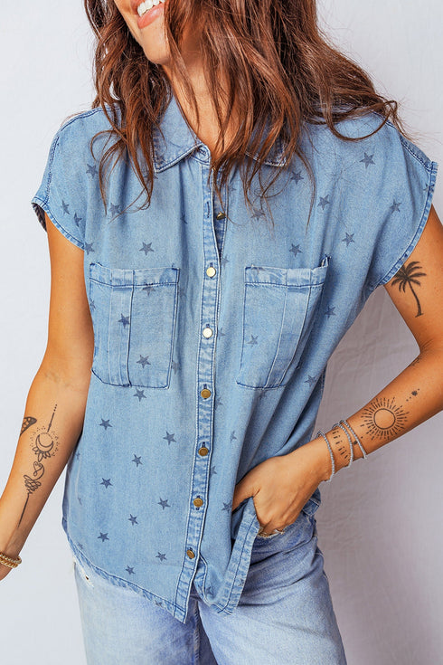 Star Print Double Chest Pocket Short Sleeve Denim Shirt