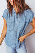 Star Print Double Chest Pocket Short Sleeve Denim Shirt