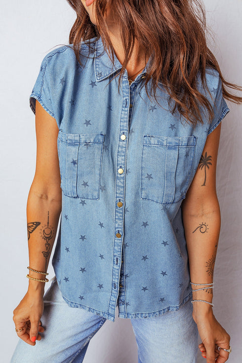 Star Print Double Chest Pocket Short Sleeve Denim Shirt