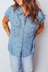 Star Print Double Chest Pocket Short Sleeve Denim Shirt