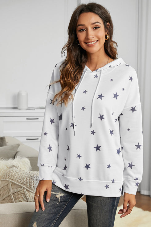 Star Print Hoodie With Side Slits